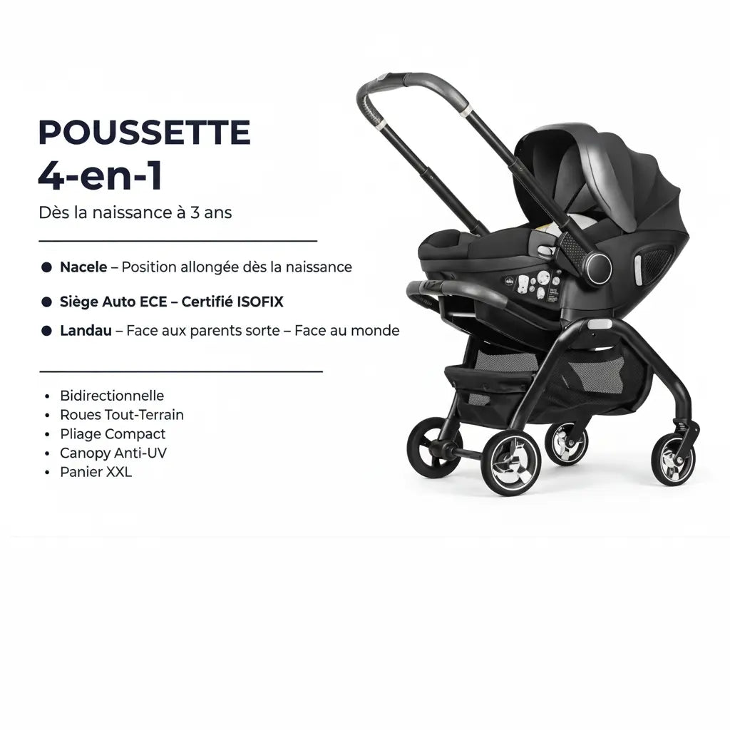TrioNest™ Poussette 4-en-1 Bidirectionnelle | Nacelle + Siège Auto ECE | Dès la Naissance TrioNest™ Poussette 3 en 1