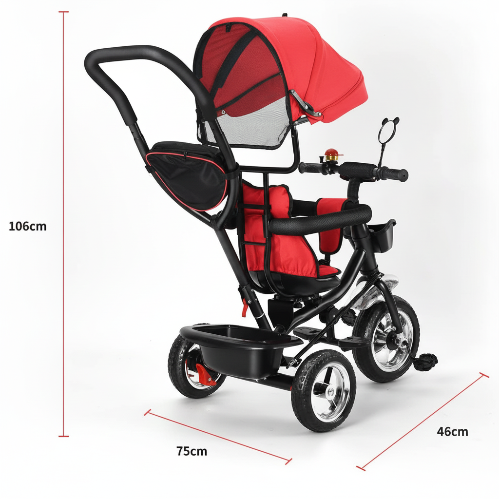 Tricycle Évolutif 4 Modes avec Pare-Soleil – Poignée Réglable, Sonnette, Panier, 1-5 Ans | TrioNest™