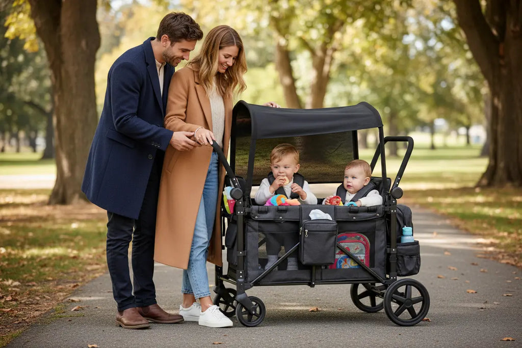 Poussette Wagon 4 Places Tout-Terrain – Harnais 5 Points, 150 kg, Toit UV, 8 Rangements, Pliable | TrioNest™ Wagon TrioNest™ Poussette 3 en 1