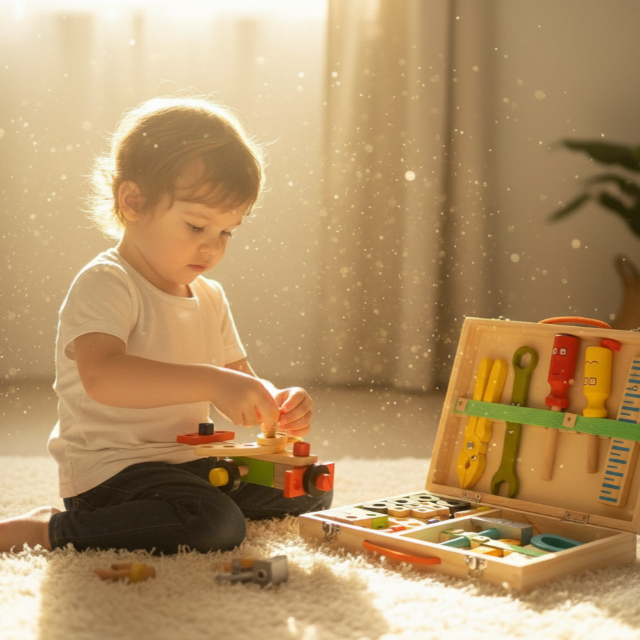Jeu de Construction Boîte À Outils en Bois Enfants – Marteau, Tournevis, Clé, Bois Naturel, Dès 3 Ans | ToolBox by TrioNest™