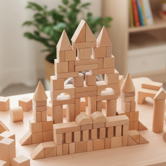 Jeu de Construction en Bois Naturel – 100 Pièces, Hêtre FSC, Seau Rangement, Montessori, Dès 18 Mois | WoodiFun by TrioNest™
