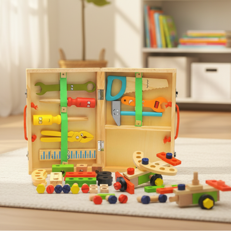 Jeu de Construction Boîte À Outils en Bois Enfants – Marteau, Tournevis, Clé, Bois Naturel, Dès 3 Ans | ToolBox by TrioNest™