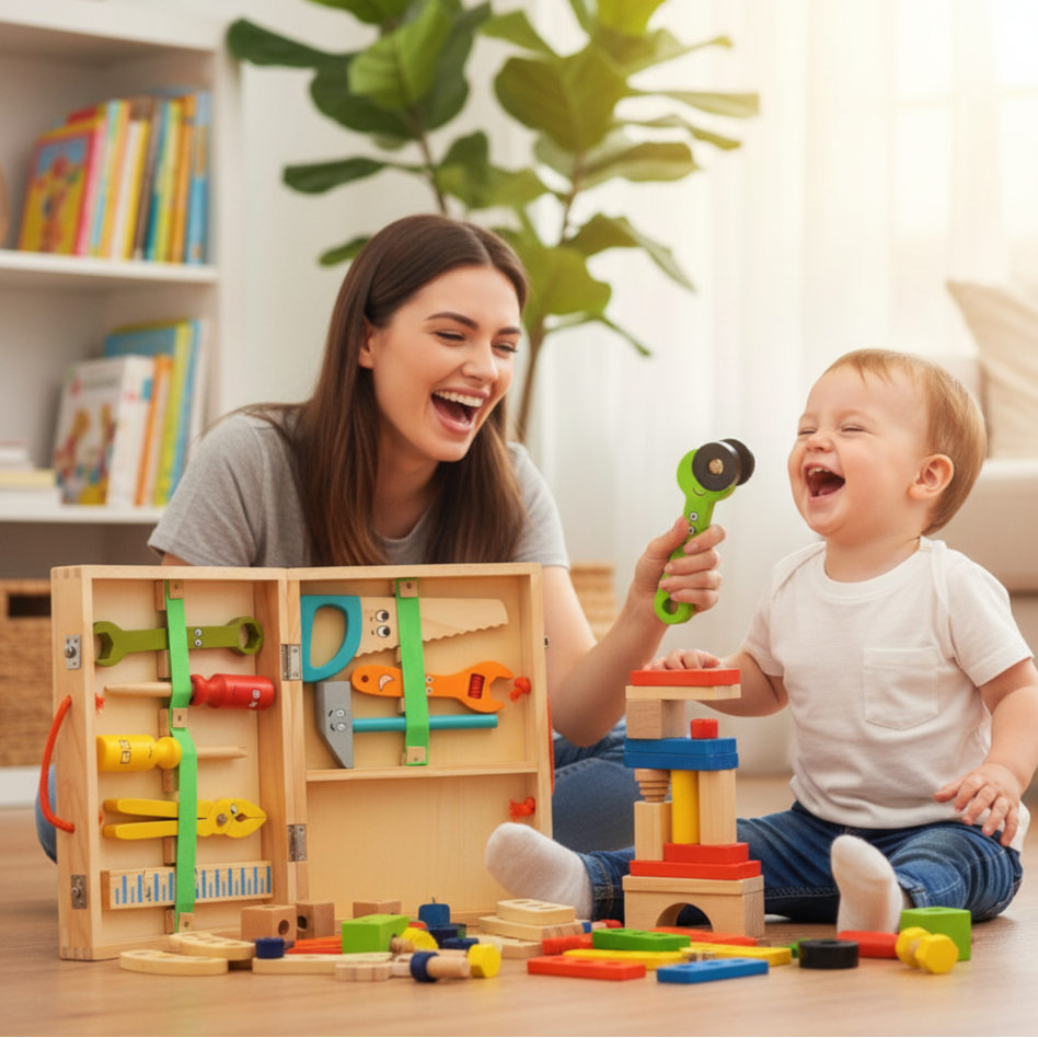 Jeu de Construction Boîte À Outils en Bois Enfants – Marteau, Tournevis, Clé, Bois Naturel, Dès 3 Ans | ToolBox by TrioNest™