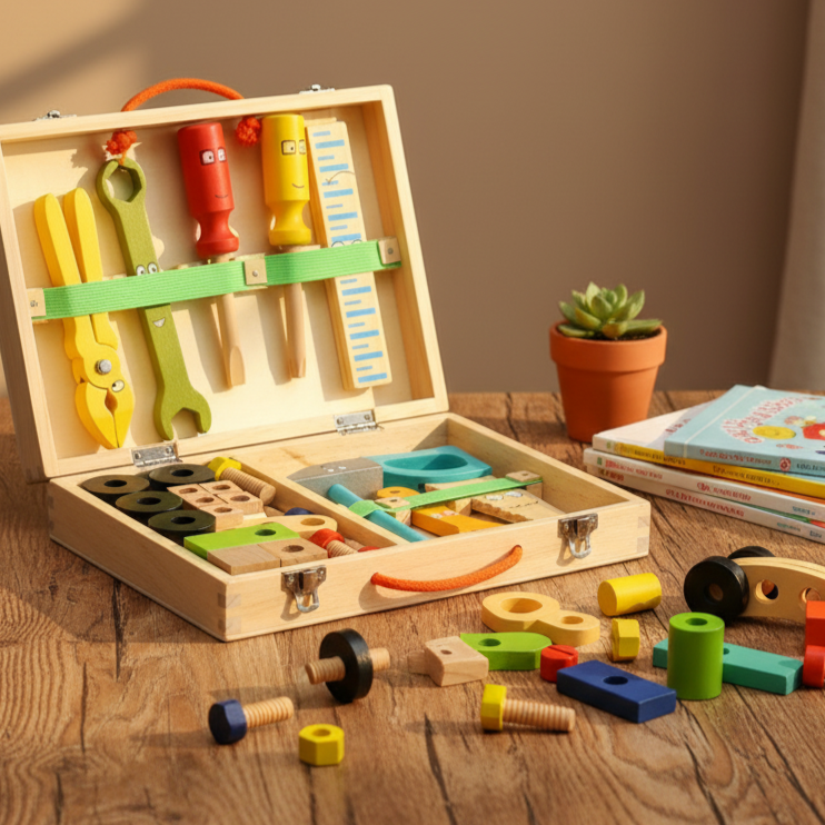 Jeu de Construction Boîte À Outils en Bois Enfants – Marteau, Tournevis, Clé, Bois Naturel, Dès 3 Ans | ToolBox by TrioNest™