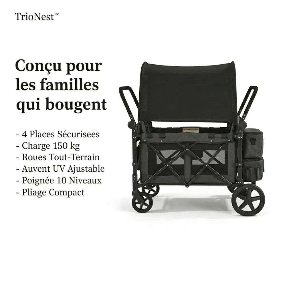 Poussette Wagon 4 Places Tout-Terrain – Harnais 5 Points, 150 kg, Toit UV, 8 Rangements, Pliable | TrioNest™ Wagon TrioNest™ Poussette 3 en 1