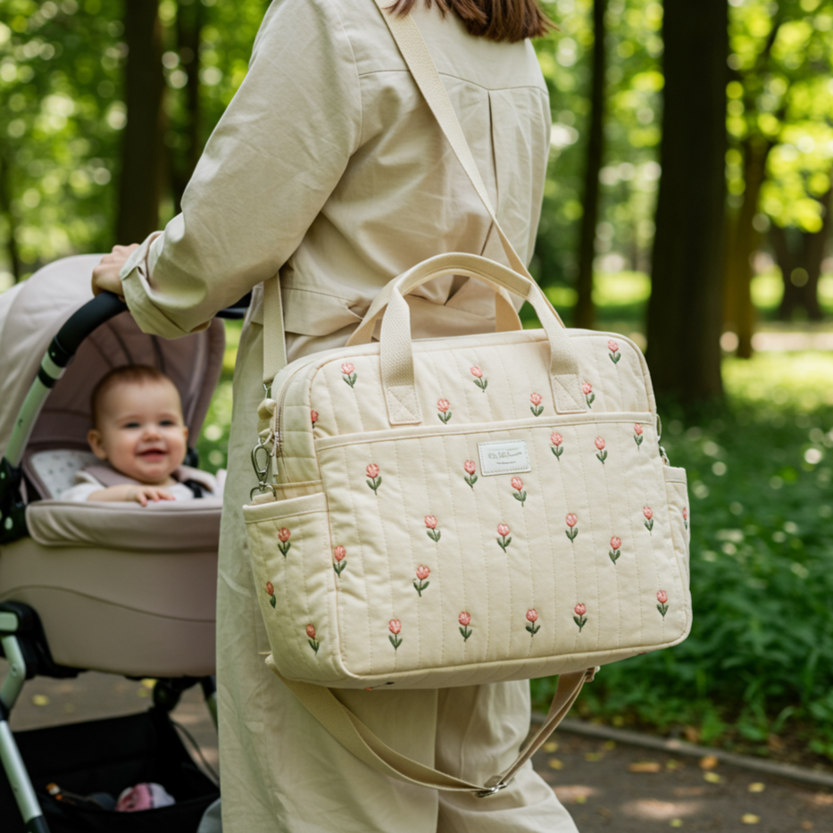Sac à Langer Bébé à Bandoulière en Coton | TrioNest™ – Élégant, Poches Zippées, 2 Motifs, 34x26x10 cm