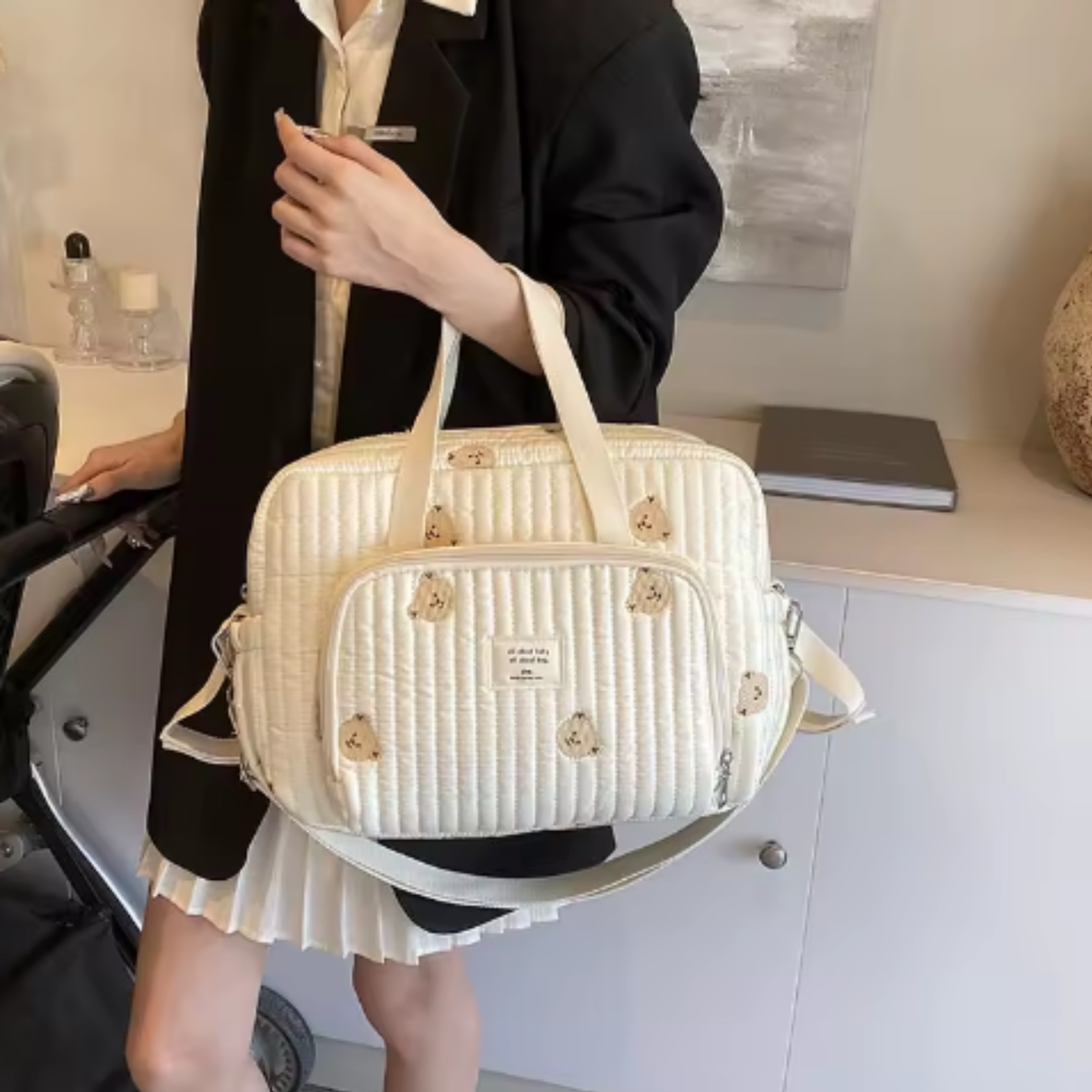 Sac à Langer Bébé à Bandoulière en Coton | TrioNest™ – Élégant, Poches Zippées, 2 Motifs, 34x26x10 cm
