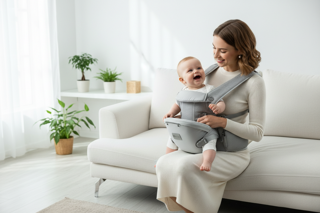Porte-Bébé Physiologique avec Tabouret - Soutien Lombaire & Assise 30° - Confort Ergonomique 6-en-1 | TrioNest Air-Comfort