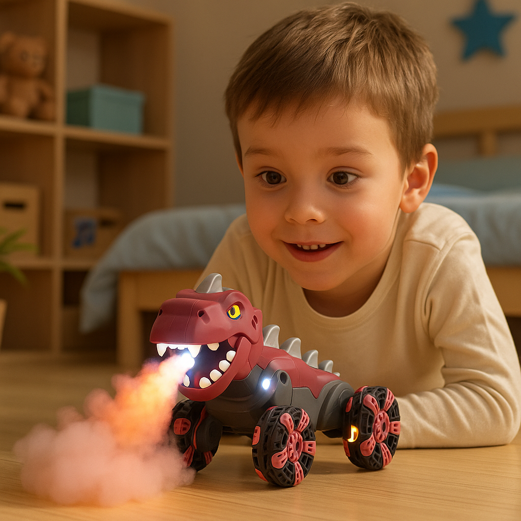 Voiture Télécommandée Tout-Terrain Dinosaure TrioNest™ DINODRIVE™ | 8 Roues 360°, Spray Feu, LED & Sons | 3 Coloris