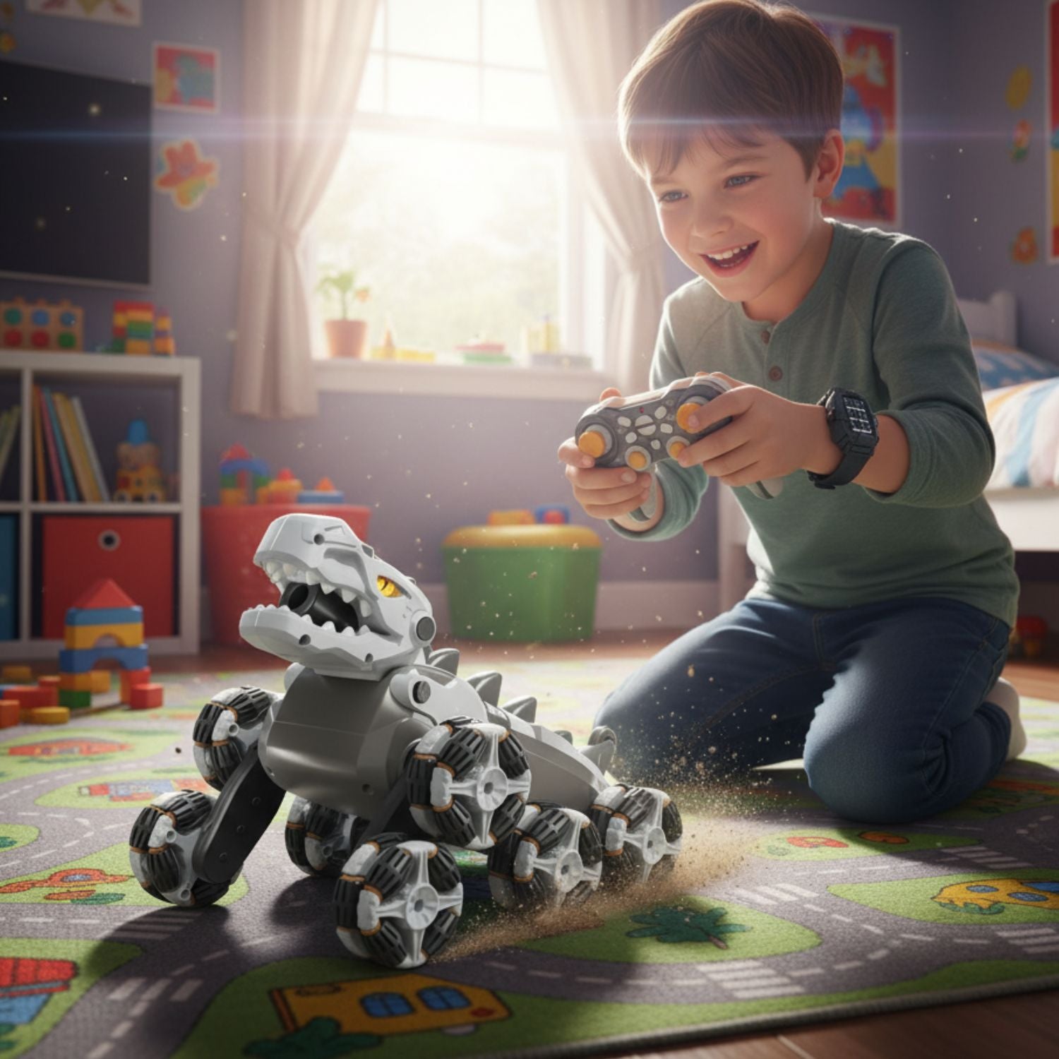 Voiture Télécommandée Tout-Terrain Dinosaure TrioNest™ DINODRIVE™ | 8 Roues 360°, Spray Feu, LED & Sons | 3 Coloris
