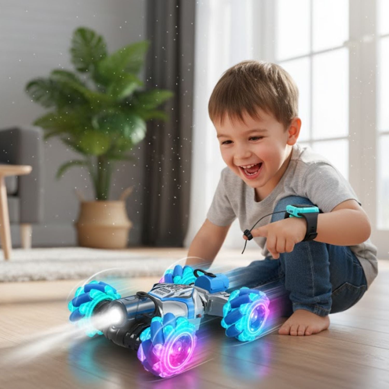 Voiture Télécommandée 4WD Spray Lumineux – Montre Gestuelle, 360°, LED, Effets Sonores, 20-30 Min | JetSpin4 by TrioNest™