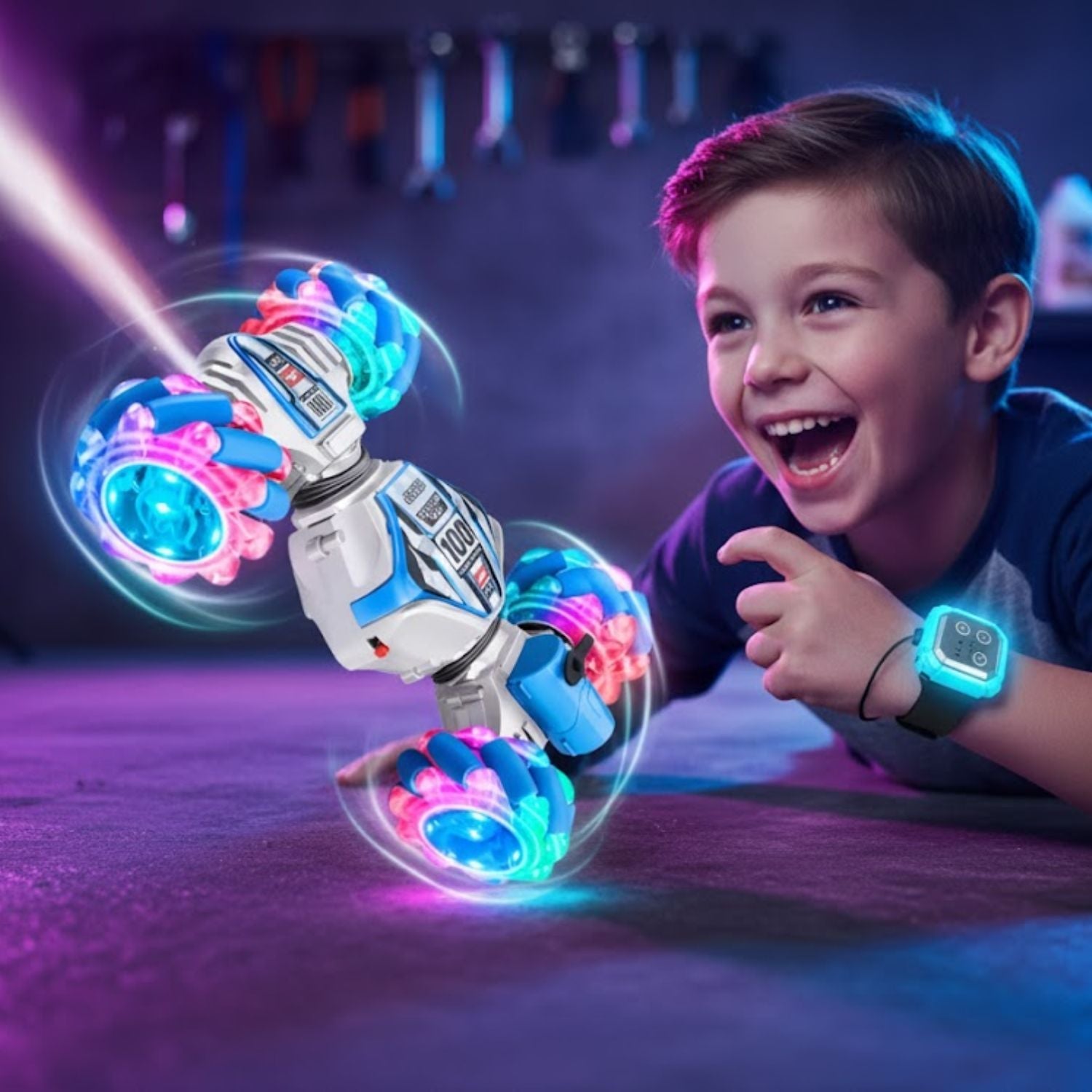 Voiture Télécommandée 4WD Spray Lumineux – Montre Gestuelle, 360°, LED, Effets Sonores, 20-30 Min | JetSpin4 by TrioNest™