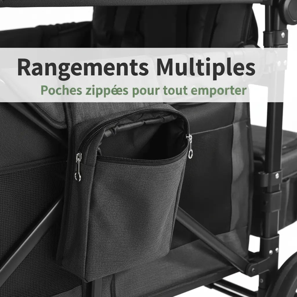 Poussette Wagon 4 Places Tout-Terrain – Harnais 5 Points, 150 kg, Toit UV, 8 Rangements, Pliable | TrioNest™ Wagon TrioNest™ Poussette 3 en 1
